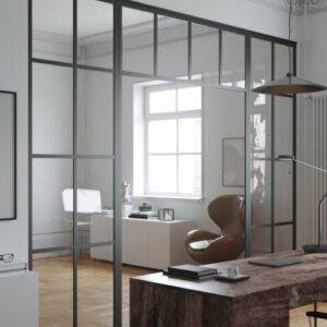 Kiinteä lasiseinä yläikkunalla ja ruudukolla